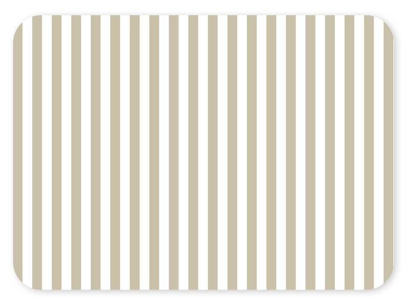 May include: A rectangular, rounded-cornered object with a vertical stripe pattern. Alternating stripes of white and a light tan color create a simple, clean design. The pattern is evenly spaced and covers the entire surface.