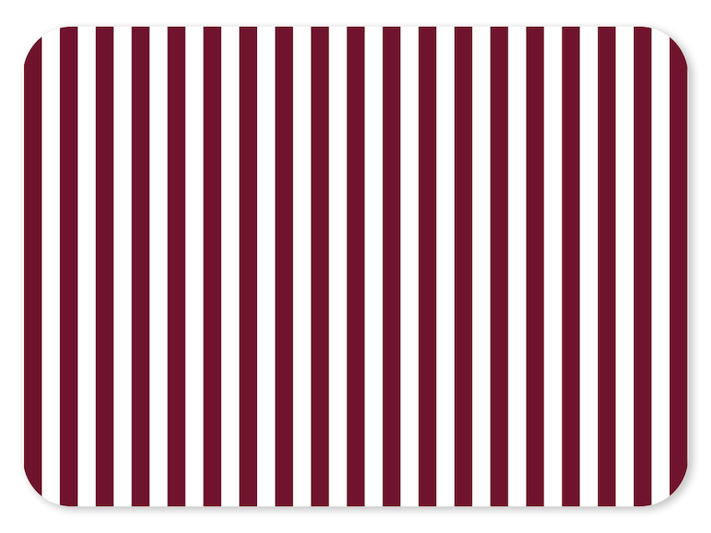 May include: Rectangular mat with a pattern of vertical stripes in burgundy and white. The stripes are evenly spaced and run the entire length of the mat. The corners are rounded.