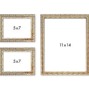 May include: Three ornate gold picture frames with white mats. The largest frame is 11x14 inches and the two smaller frames are 5x7 inches.