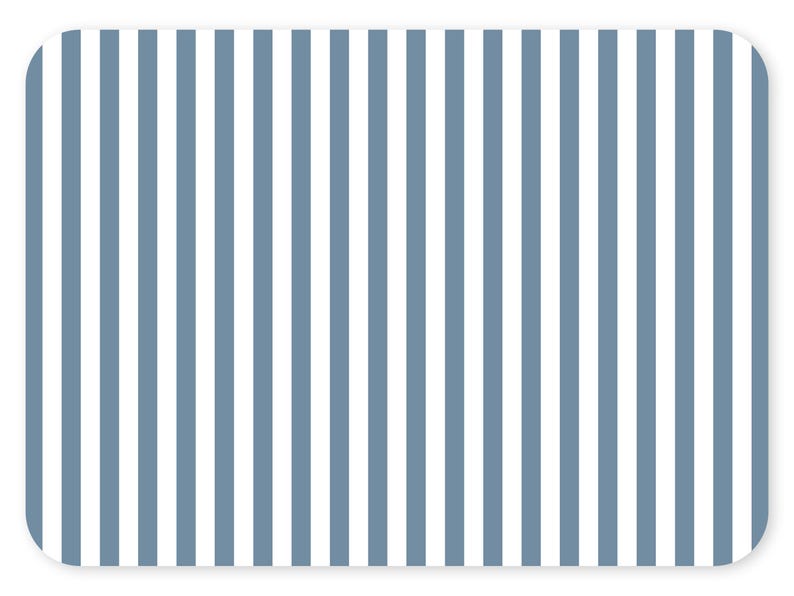 May include: Rectangular placemat with rounded corners featuring a pattern of vertical stripes. The stripes alternate between a light blue-gray and white, creating a clean and simple design. The placemat is likely made of a durable, easy-to-clean material.