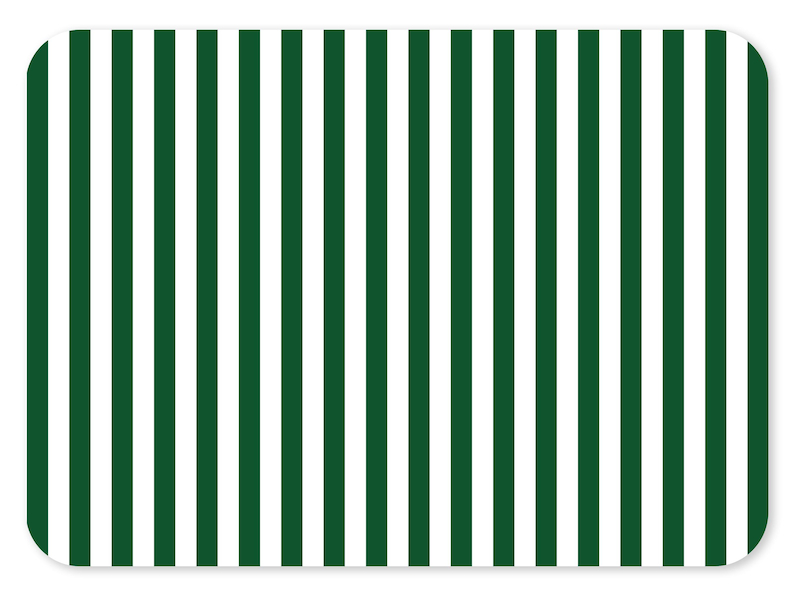 May include: Rectangular placemat with a pattern of vertical stripes in alternating dark green and white. The corners are rounded. The design is simple and modern.