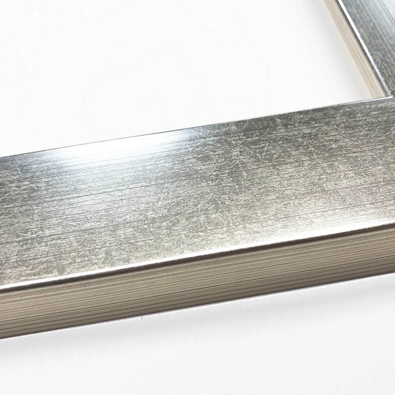 Op de afbeelding: Close-up van een zilverkleurige fotolijst met een getextureerd oppervlak. De lijst heeft een rechthoekige vorm en een metallic afwerking. De lijst staat tegen een witte achtergrond.