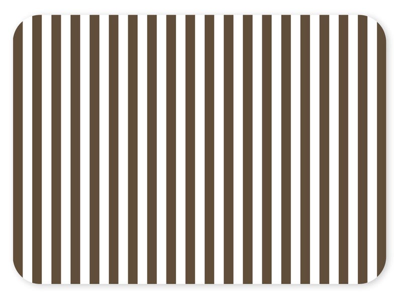 May include: Rectangular brown and white striped pattern with rounded corners. The design features vertical stripes of alternating colors, creating a classic and clean aesthetic. The stripes are evenly spaced and run the full length of the rectangle.