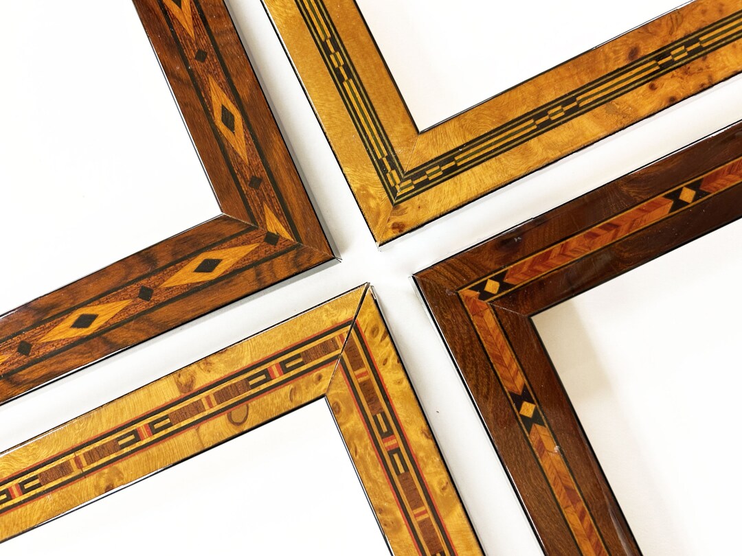 Brown Burl Laquer Picture Frames Inlaid Wood Navajo Southwestern Mid Century Contemporary