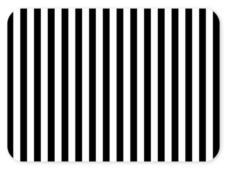 May include: A rectangular item with rounded corners features a bold black and white striped pattern. The stripes are vertical and evenly spaced, creating a high-contrast design. The item's surface is smooth and the overall aesthetic is modern and graphic.
