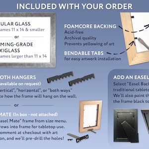 May include: Image detailing framing options, including regular glass or framing-grade plexiglass, foamcore backing, and bendable tabs. Sawtooth hangers and easel backs are also shown. Text explains the features and options available.