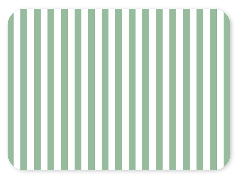 May include: A rectangular placemat with rounded corners features a vertical stripe pattern. The stripes alternate between a soft green and white. The placemat is designed for dining and kitchen use.
