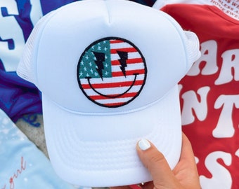American Flag Happy Face Trucker Hat | Hat for Summer | White Snapback | Mesh Hat with Patch | Patriotic Hat