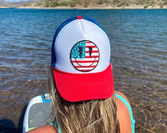 American Flag Happy Face Trucker Hat | Hat for Summer | Blue & Red Snapback | Mesh Hat with Patch | Patriotic Hat | 4th of July Hat