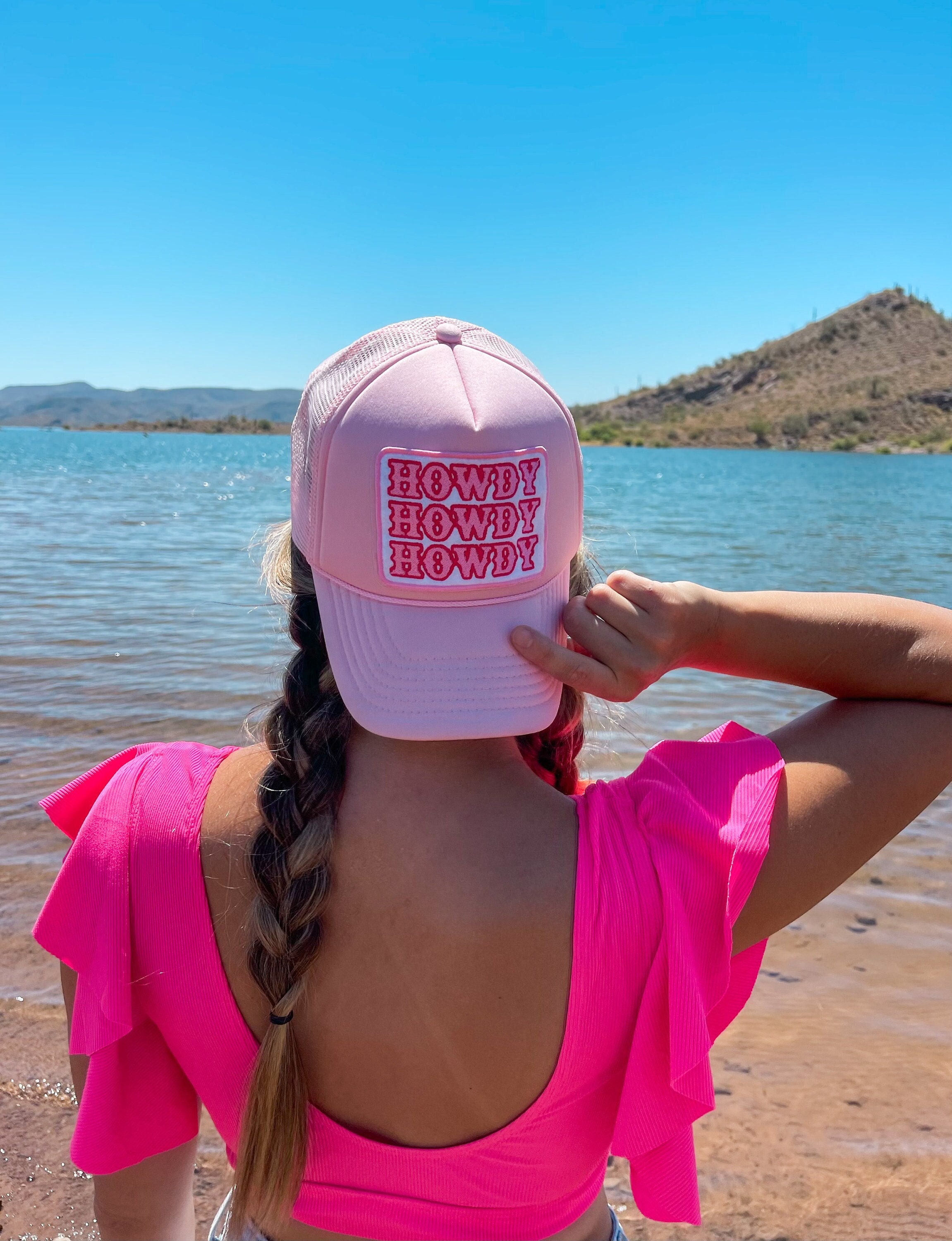 Adorable Bright Pink Howdy Cowgirl Handmade Trucker Hat with Crystals Howdy Embroidered Trucker Hat With Pearl Chain - Custom  main image 2