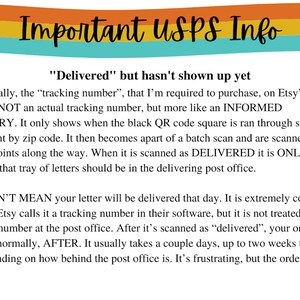 May include: A text-based infographic with a yellow, orange, and blue background. The text explains that the "Delivered" status on Etsy's tracking number does not mean the package has arrived, but rather that it has been scanned at the post office. It may take a few days for the package to actually arrive.