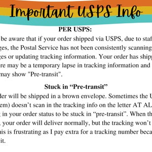 May include: Important USPS information about shipping delays and tracking issues. The text explains that due to staffing shortages, the Postal Service may not be consistently scanning packages or updating tracking information. Orders may show "Pre-transit" status even though they have shipped. This is because the brown envelope the order is shipped in may not be scanned by the USPS.