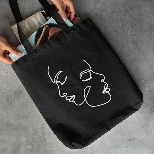 Sac fourre-tout en coton imprimé visage dessin au trait, dessin au trait visage abstrait, sac fourre-tout dessin visage une ligne en noir, sac fourre-tout minimaliste