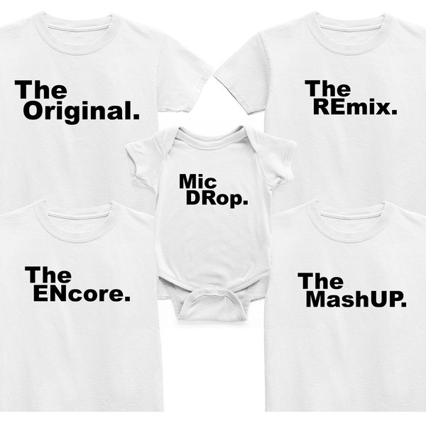 L'original, Le remix, The ENcore, The MashUP Mic Drop, tenues familiales assorties aux frères et sœurs, grande soeur, tenue ptit frère, baby shower, vêtements de bébé