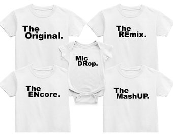 L'original, Le remix, The ENcore, The MashUP Mic Drop, tenues familiales assorties aux frères et sœurs, grande soeur, tenue ptit frère, baby shower, vêtements de bébé