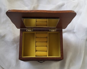 Wood Jewelry Box with Yellow Velvet Interior | Vintage Wood Jewelry Box