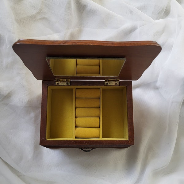 Wood Jewelry Box with Yellow Velvet Interior | Vintage Wood Jewelry Box