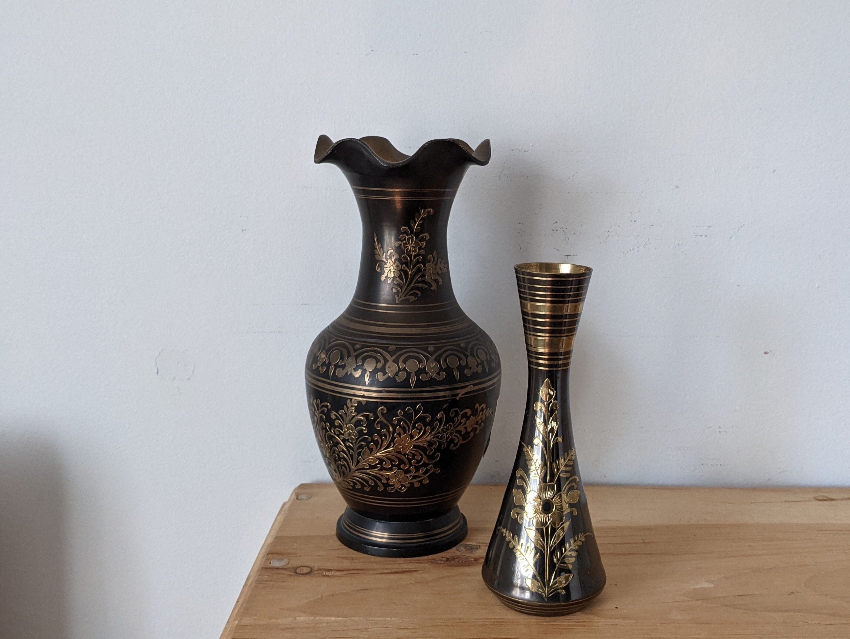 Vintage Black and Brass Etched Vases Etsy