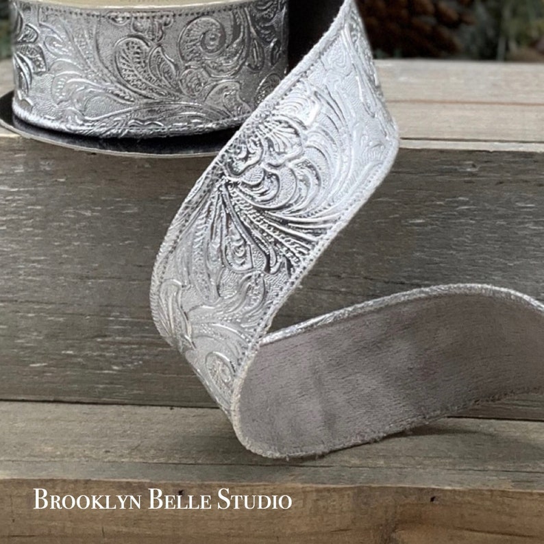 5 yards x 1.5 Tooled Leather Silver ribbon by d stevens \u2022 Spring and Ribbon Ribbon \u2022 Wreath Craft Supplies