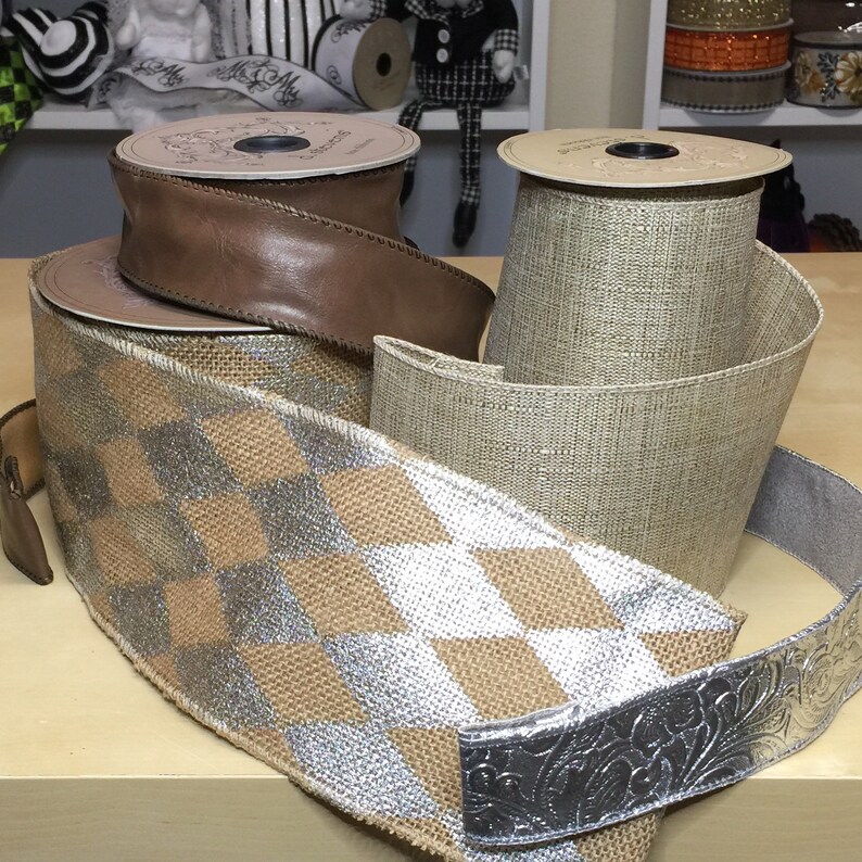 5 yards x 1.5 Tooled Leather Silver ribbon by d stevens \u2022 Spring and Ribbon Ribbon \u2022 Wreath Craft Supplies