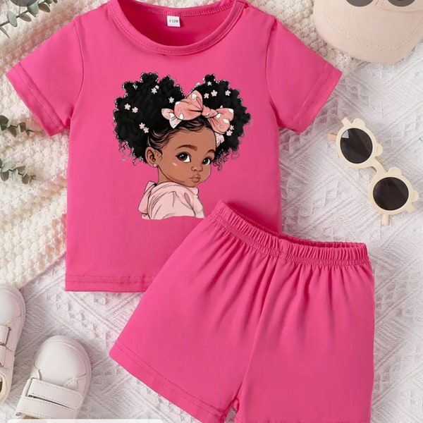 Baby's Cartoon Bowknot Hairpin Girl Print 2pcs Outfit, T-shirt & Shorts Set, Toddler and Infant Girl's Clothes For Summer