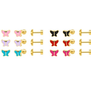 Pode incluir: Conjunto de 10 brincos de borboleta com fecho dourado. As borboletas são de várias cores, incluindo rosa, roxo, azul, vermelho, preto e branco.