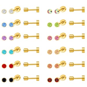 Tiny crystal stud screw back earrings 18K Gold plated and silver, pair of studs.