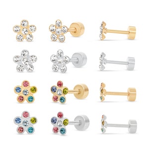 Daisy flower screw back earings. 18k gold plated / silver . Girls gift. Safety back.