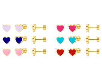 Heart screw back earrings, colourful, fun pair of studs. 18k gold plated and silver colour option. VALENTINES Gift idea.
