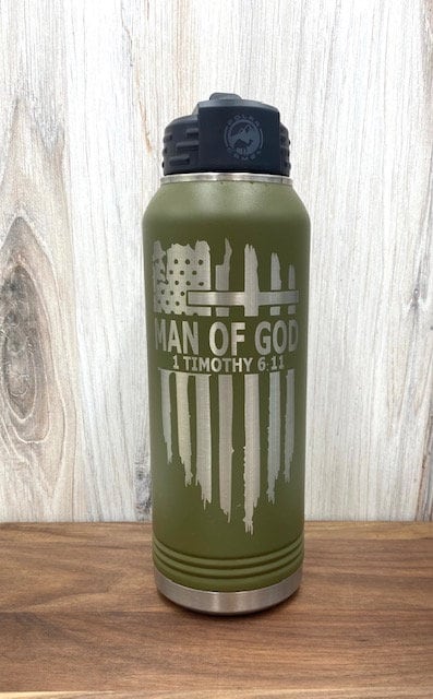 Man of God Wood Design Stainless Steel Water Bottle - 1 Timothy 6:11