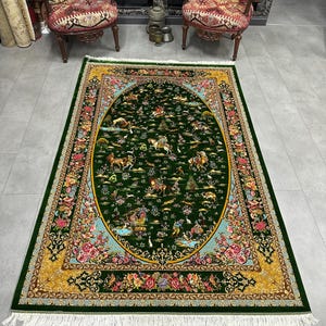 Tappeto di seta verde di lusso, tappeto di seta di lusso, tappeto autentico, tappeto di seta di alta qualità, qualità superiore, tappeto per soggiorno, grande tappeto persiano,
