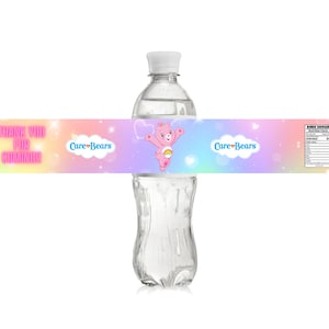 May include: Water bottle label with a rainbow background and a Care Bears character. The label says "Thank you for coming" and "Care-Bears".