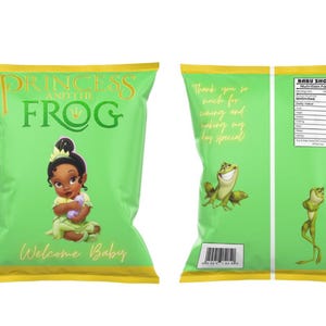 May include: Green and yellow chip bag with a princess and the frog theme. The bag features a cartoon image of Tiana as a baby, the words "Princess and the Frog" and "Welcome Baby".
