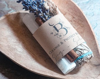 Sage & Selenite Smudge Bundle Witchy Accessories for Natural Home Decor For Altar Dried Herbs Cottage Core