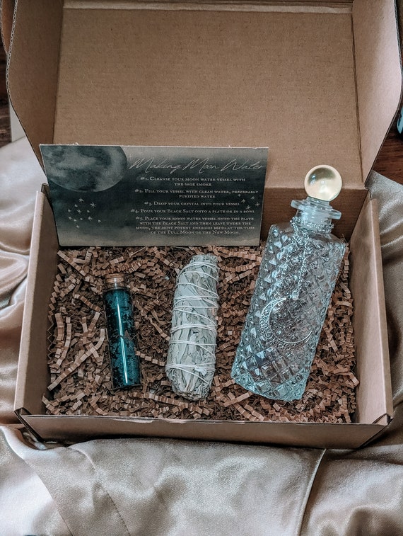 Moon Water Manifesting Kit: Crystal, Sage, Black Salt & Decanter