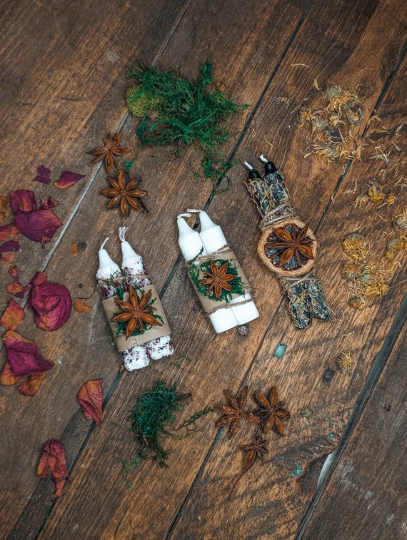 Dressed Spell Candles with Holiday Packaging | Yule Altar Decor