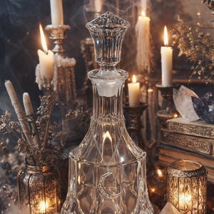 Decanter extra large per acqua di luna - Bottiglia decorativa in vetro per incantesimi / Include istruzioni e 12 rituali / + cuore di quarzo rosa