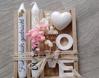 Kerzenset, Geschenkset, Stabkerzen mit Spruch in Holzkiste - Love