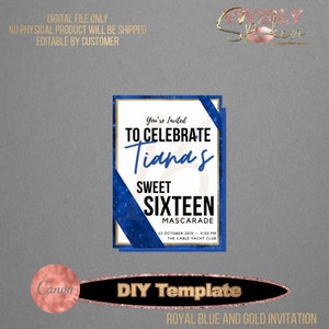 Bleu royal et or Bling Sweet Sixteen anniversaire Invitation, faire-part de mariage, anniversaire Invitation bricolage modèle modifiable Télécharger