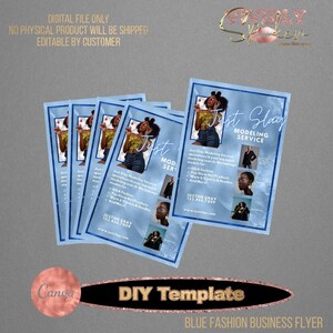 Può includere: Un volantino blu e bianco con uno sfondo ad acquerello. Il volantino pubblicizza un servizio di modellaggio chiamato "Just Slay Modeling Service". Il volantino include un numero di telefono, un indirizzo di sito web e un elenco dei servizi offerti.