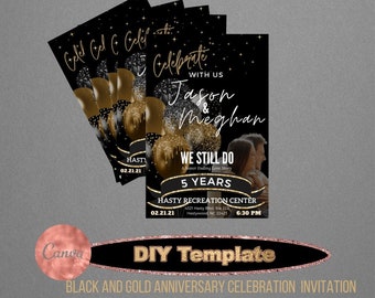 Black and Gold Anniversary Celebration Invitation DIY Editable Template Download