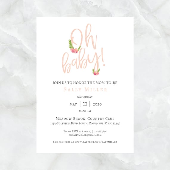 Oh Baby Customizable Baby Shower Invitation 5x7 Digital Download