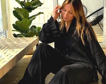 Musselin Rüschen Pyjama Set Frauen Schwarz Bio Baumwolle Gaze Nachtwäsche