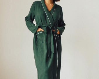 Musselin Baumwolle Robe Organic Gauze Bademantel Leichter Kimono Spa Loungewear