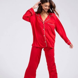 FULL LENGTH Women Red Cotton Organic Pajama Set Hen party pajama Women Sleepwear White cotton pajamas  Matching sets Bridal Party Pajamas