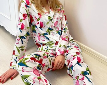 Floral Cotton Pajama Set Women Soft PJs Lightweight Summer Loungewear Breathable Cotton Pajamas