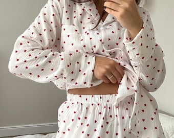 Cotton sleepwear Organic Cotton Set Crinkle cotton pajamas Bridal Bachelorette pajama set Muslin cotton loungewear