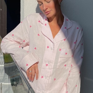 Crinkle Muslin Pajama Set: 100% Cotton Sleepwear Loungewear with hearts
