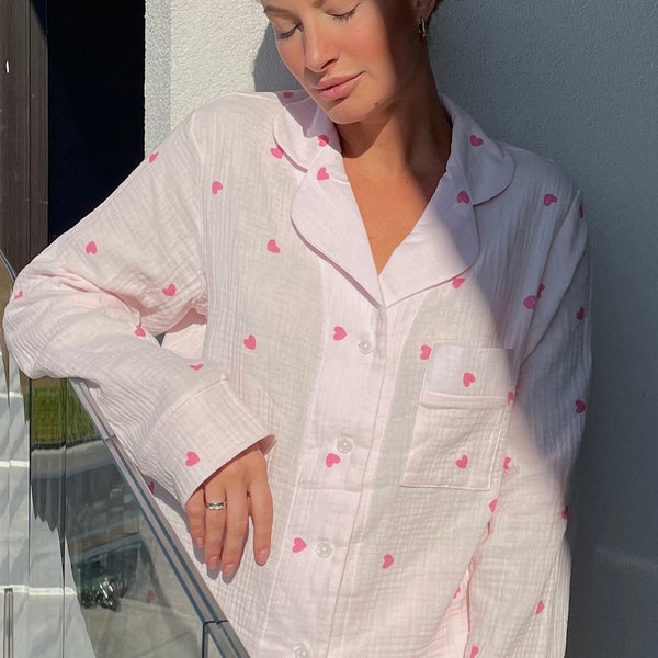 Muslin Pajama Double Gauze Muslin sleepwear Organic Cotton Set Crinkle cotton pajamas Bridal Bachelorette pajama set Muslin marle loungewear