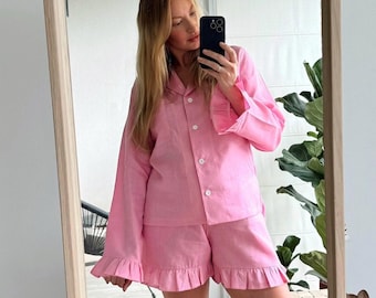 Ruffle Linen Pajama Set: Summer Loungewear, Bridal Party PJs, 100% linen